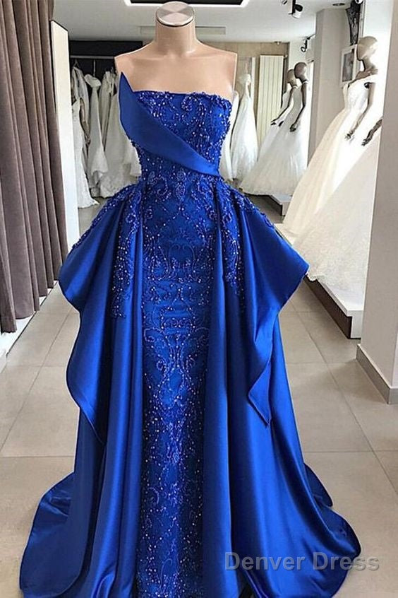 Luxury Royal Blue Lace Prom Dress A Line Prom Dress Appliques Beads Red Carpet Celebrity Dresses