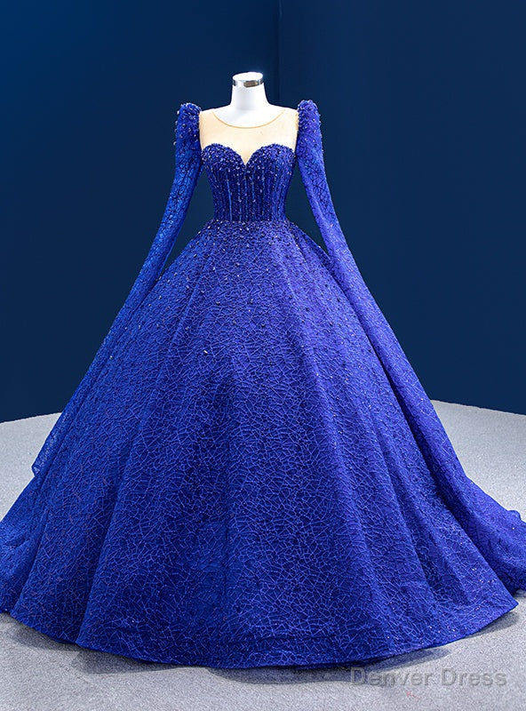 Luxury Royal Blue Long Sleeve Beading Prom Dresses