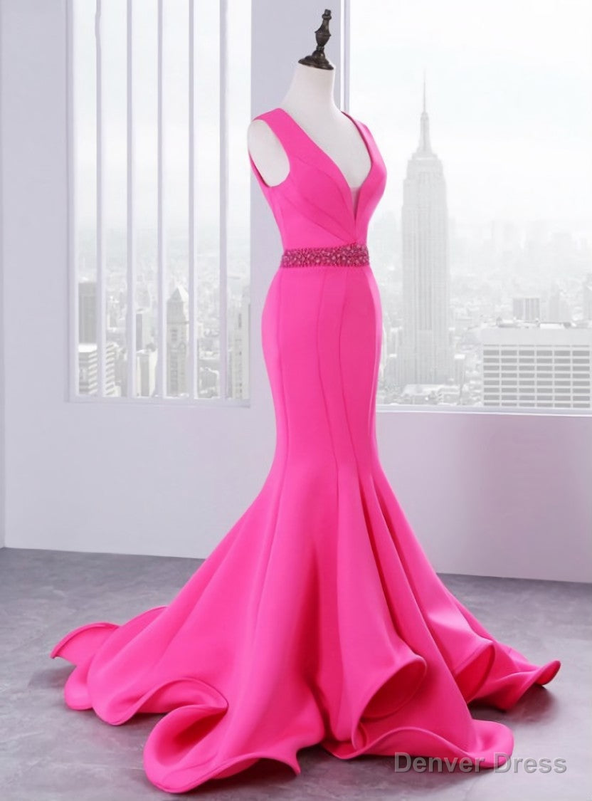 Luxury Satin Mermaid Satin V Neck Backless Prom Dresses With Beading