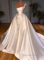 Luxury Satin Wedding Dresses Beaded One Shoulder Bridal Dresses With Panel Train Floor Length Elegant