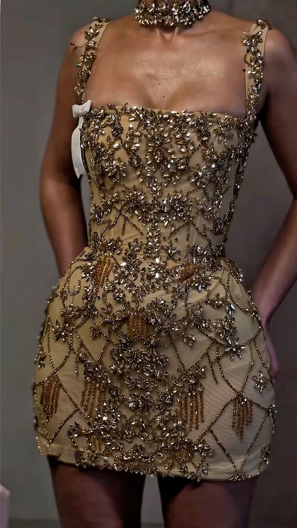 Luxury Sheath Square Neck Gold Short Prom Grade Homecoming Dress Gold Cocktail Dresses Main image