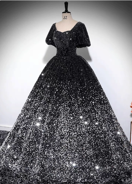 Luxury Shiny Black-Silver Gradient A-Line Short Sleeve Sequin Long Prom Dresses Evening Dresses Secondary image
