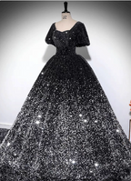 Luxury Shiny Black-Silver Gradient A-Line Short Sleeve Sequin Long Prom Dresses Evening Dresses