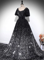 Luxury Shiny Black-Silver Gradient A-Line Short Sleeve Sequin Long Prom Dresses Evening Dresses