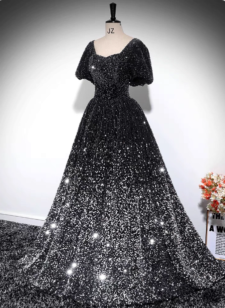 Luxury Shiny Black-Silver Gradient A-Line Short Sleeve Sequin Long Prom Dresses Evening Dresses
