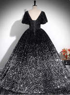 Luxury Shiny Black-Silver Gradient A-Line Short Sleeve Sequin Long Prom Dresses Evening Dresses