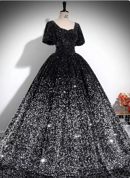 Luxury Shiny Black-Silver Gradient A-Line Short Sleeve Sequin Long Prom Dresses Evening Dresses