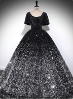 Luxury Shiny Black-Silver Gradient A-Line Short Sleeve Sequin Long Prom Dresses Evening Dresses