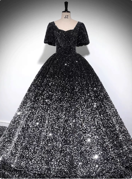 Luxury Shiny Black-Silver Gradient A-Line Short Sleeve Sequin Long Prom Dresses Evening Dresses