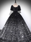Luxury Shiny Black-Silver Gradient A-Line Short Sleeve Sequin Long Prom Dresses Evening Dresses