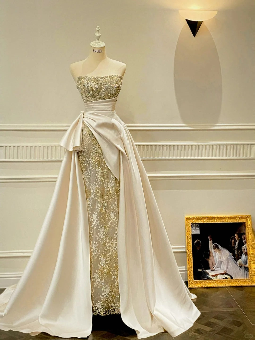 Luxury Slim-Fit Strapless Lace Satin Train Prom Dresses Evening Dresses Wedding Dresses Secondary image