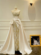 Luxury Slim-Fit Strapless Lace Satin Train Prom Dresses Evening Dresses Wedding Dresses