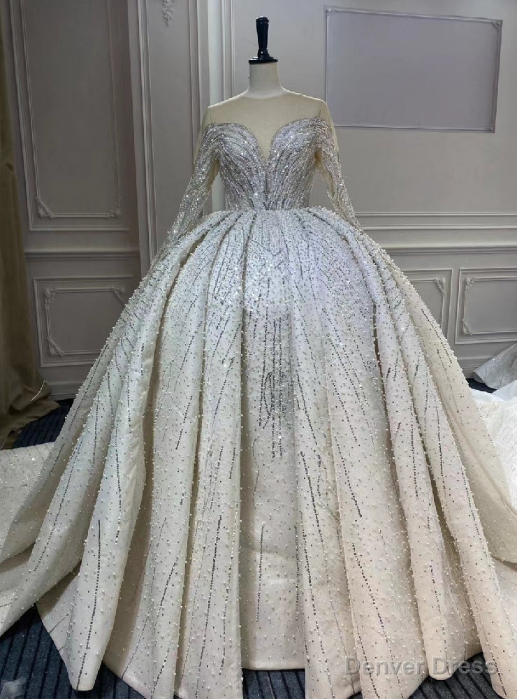 Luxury Tulle Sequins Pearls Beading Long Sleeve Wedding Dress Main image