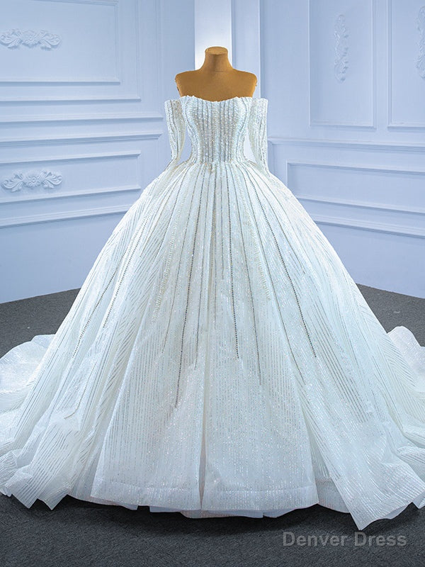 Luxury Tulle Sequins Pearls Long Sleeve Wedding Dress Main image