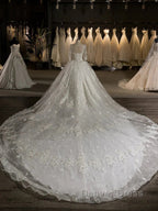 Luxury V Neck Half Sleeves Tulle Applique With Beading Cathedral Train Ball Gowns Wedding Dresses