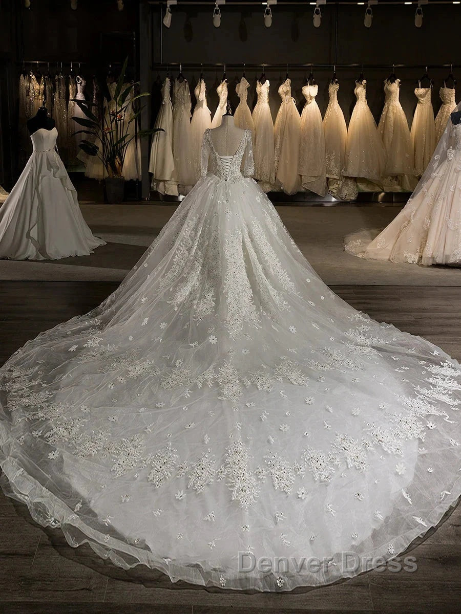 Luxury V Neck Half Sleeves Tulle Applique With Beading Cathedral Train Ball Gowns Wedding Dresses