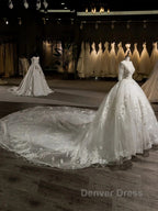 Luxury V Neck Half Sleeves Tulle Applique With Beading Cathedral Train Ball Gowns Wedding Dresses