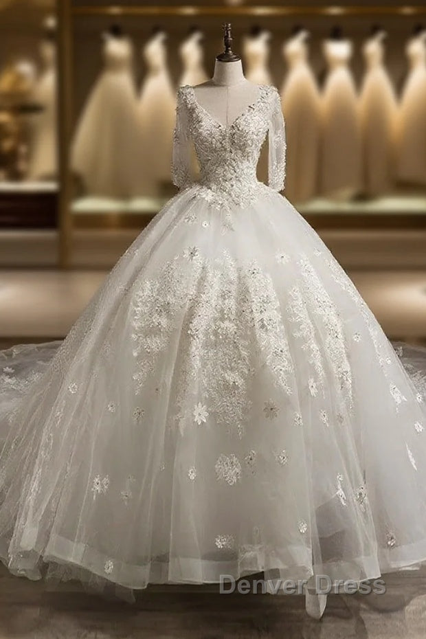 Luxury V-Neck Half Sleeves Tulle Applique With Beading Cathedral Train Ball Gown Wedding Dresses Main image