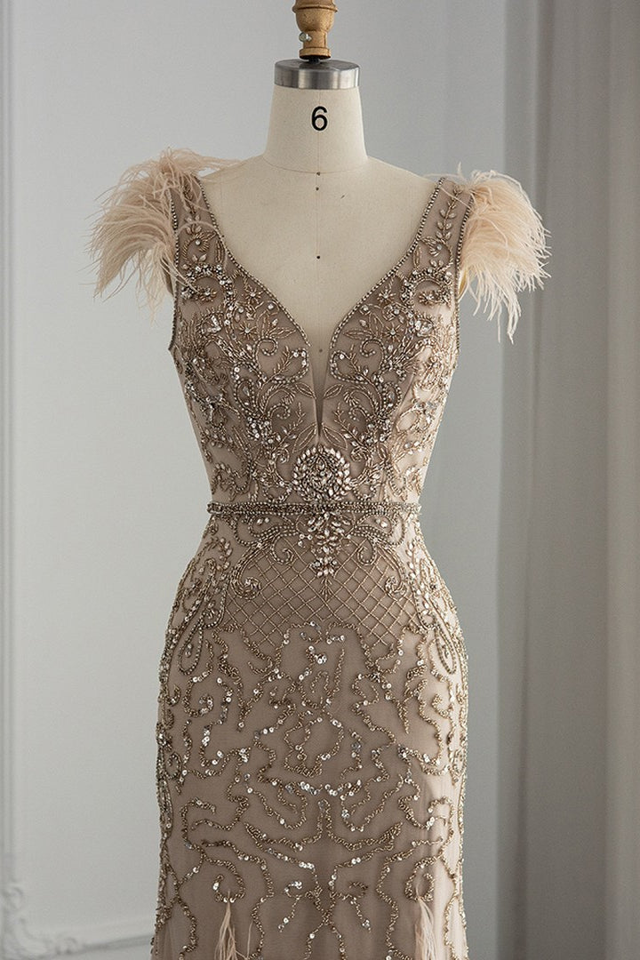 Luxury V Neck Mermaid Evening Prom Dress With Feathers Appliques Secondary image