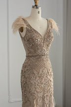 Luxury V Neck Mermaid Evening Prom Dress With Feathers Appliques