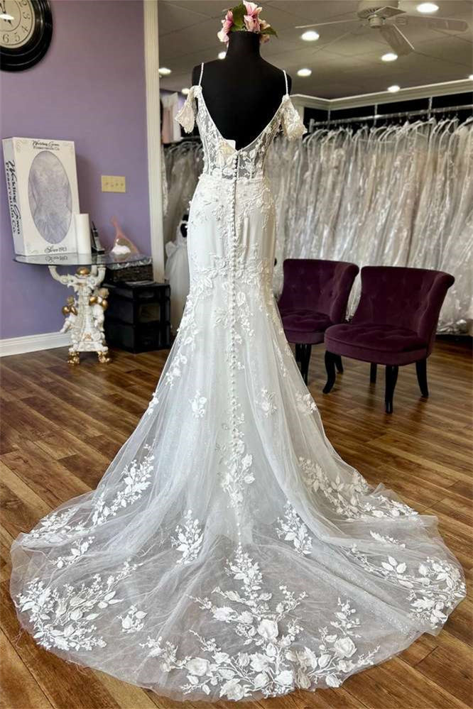 Luxury V-Neck Off-The-Shoulder Wedding Dresses Sleeveless Spaghetti-Straps Appliques Lace Open Back With Buttons Secondary image