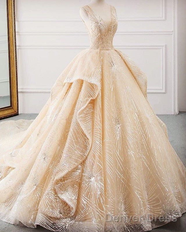 Luxury Wedding Dresses Sequin V Neck Ball Gowns