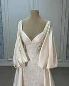 Luxury Wedding Dresses, Ivory Satin Lace A-Line Bridal Gown