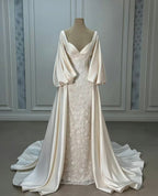 Luxury Wedding Dresses, Ivory Satin Lace A-Line Bridal Gown