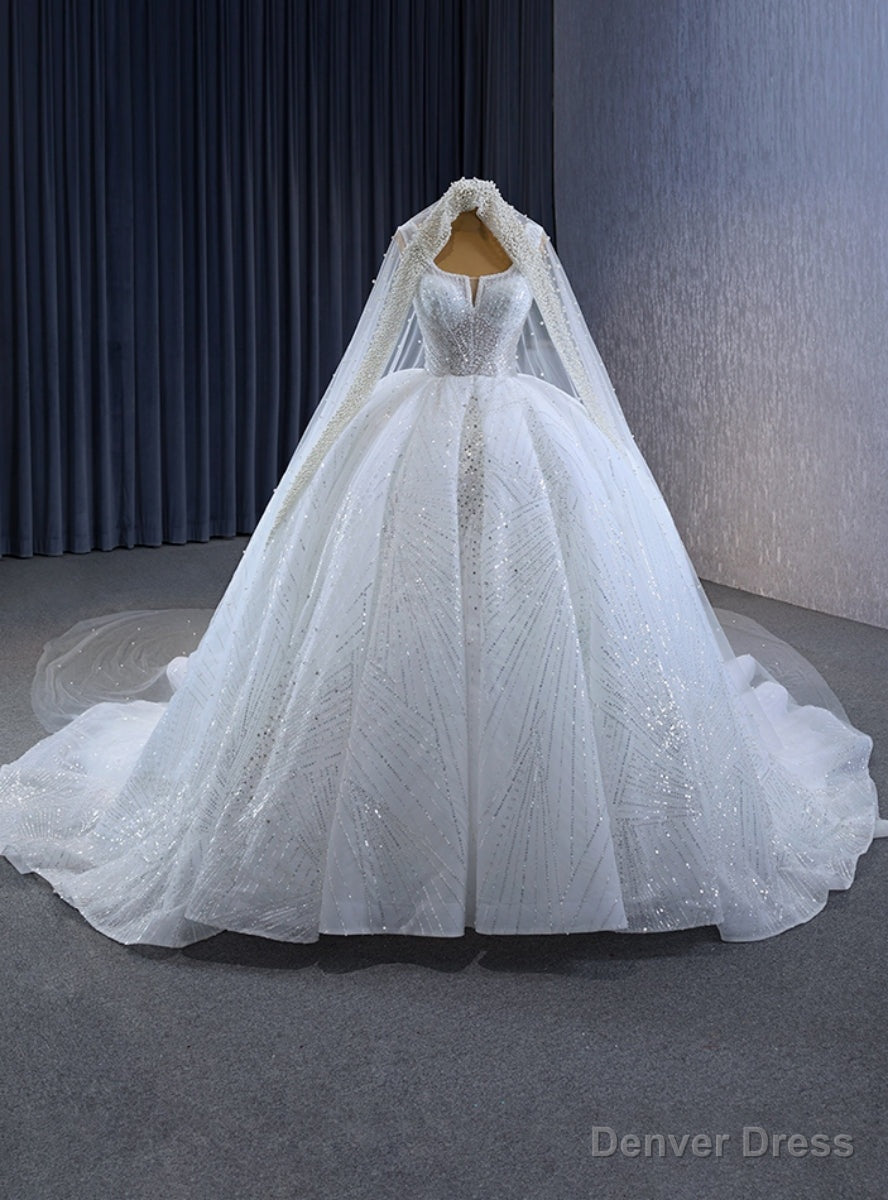 Luxury White Ball Gowns Sequins Beading Wedding Dresses