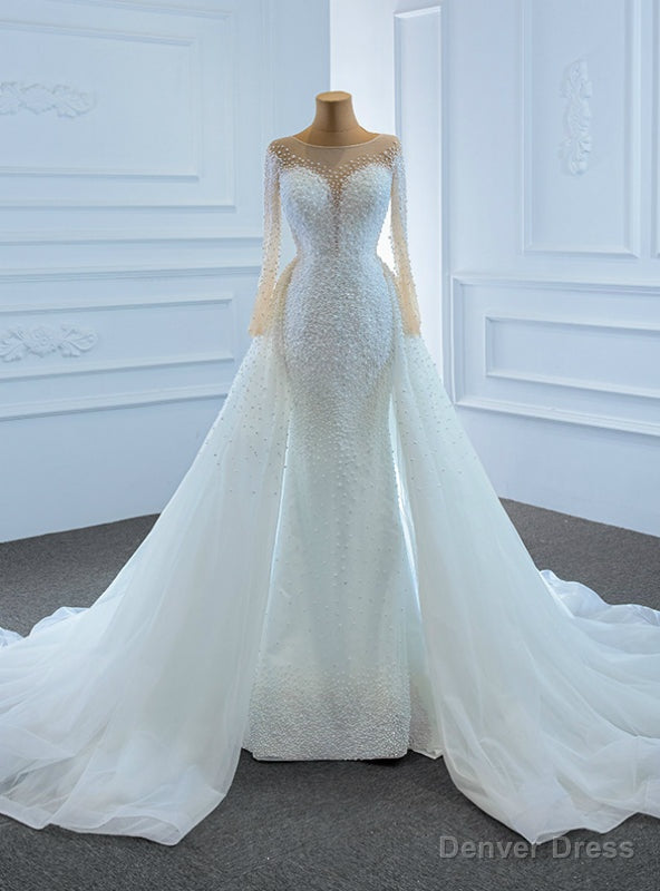 Luxury White Mermaid Tulle Long Sleeve Hand Work Pearls Wedding Dresses
