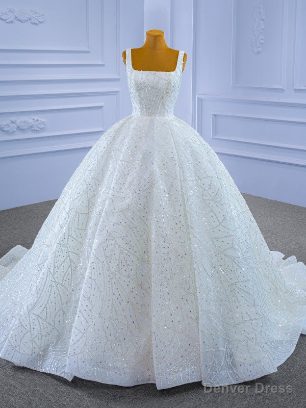 Luxury White Tulle Sequins Beading Straps Wedding Dress Main image