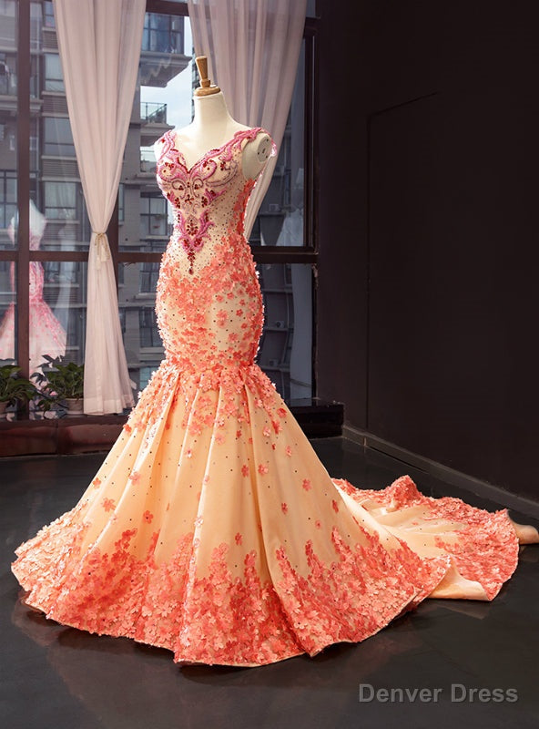 Luxury Yellow Mermaid Satin Orange Flower V Neck Beading Prom Dresses