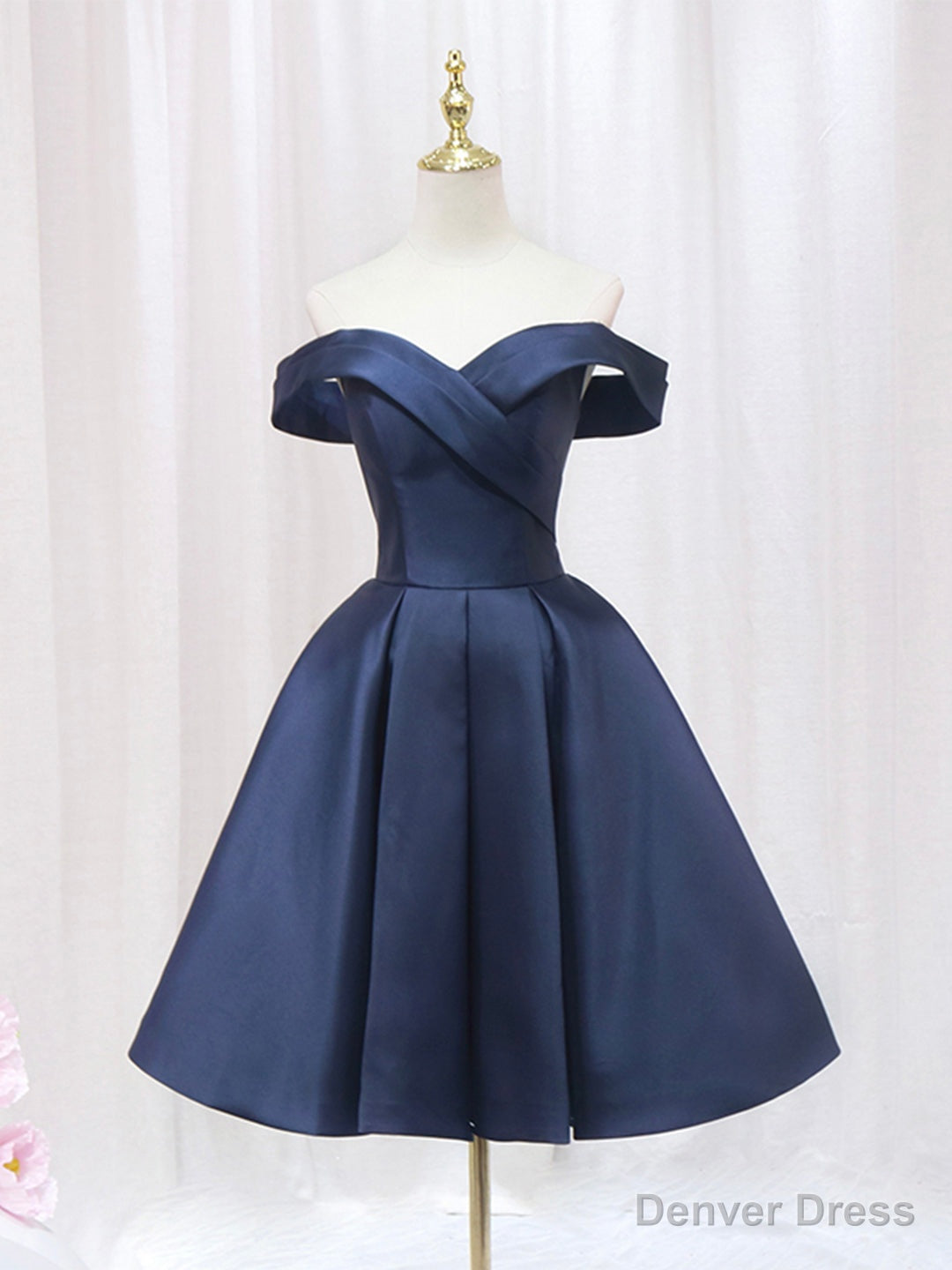 Blue V-neckline Satin Off Shoulder Party Dress, A-Line Blue Short Evening Prom Dress Main image