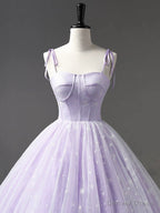 Light Purple Tulle Straps Long Prom Dress, Purple A Line Princess Dresses