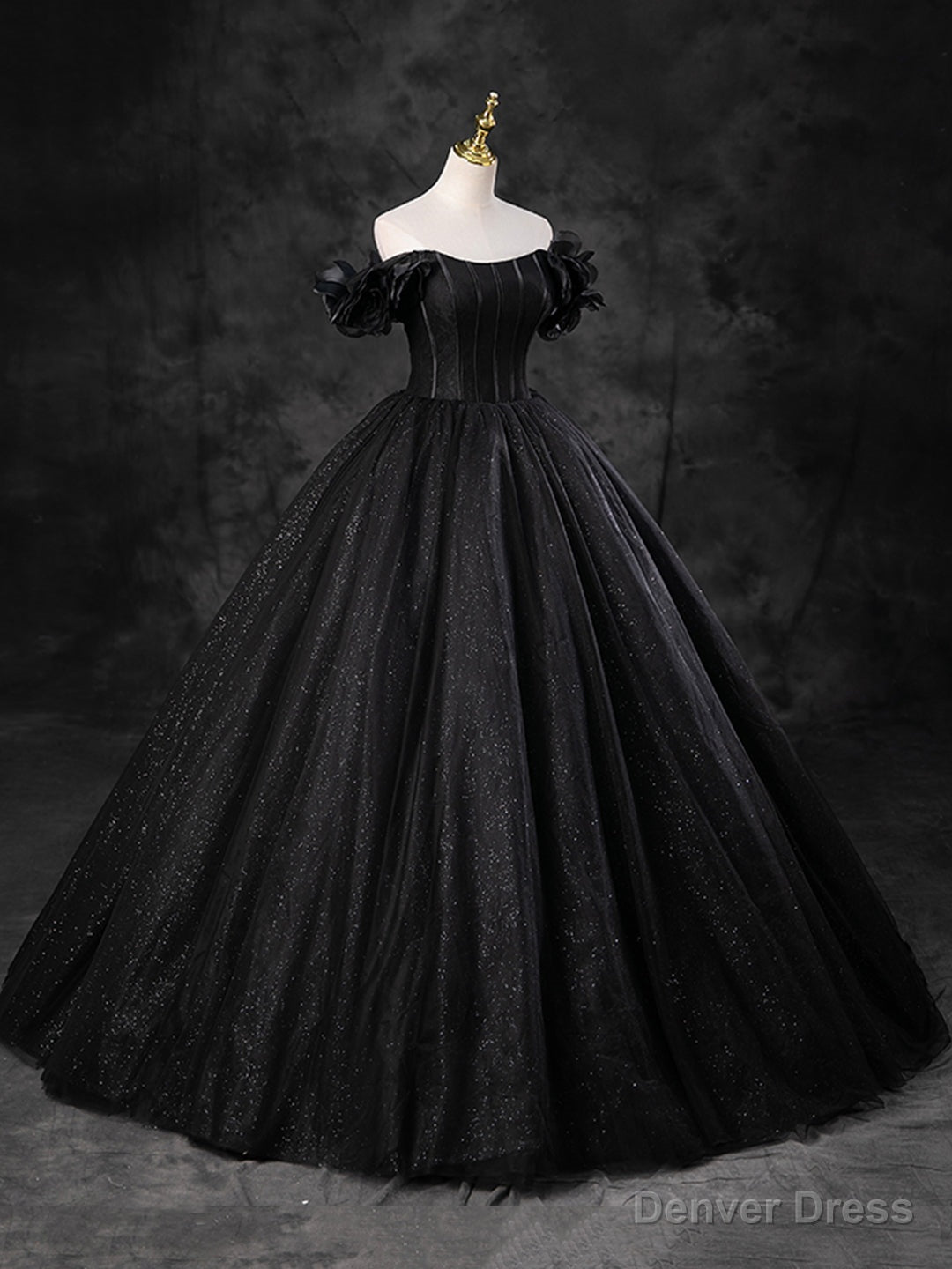 Black Sparkly Tulle Off the Shoulder Long Formal Dress, Elegant A-Line Black Evening Party Dress Secondary image