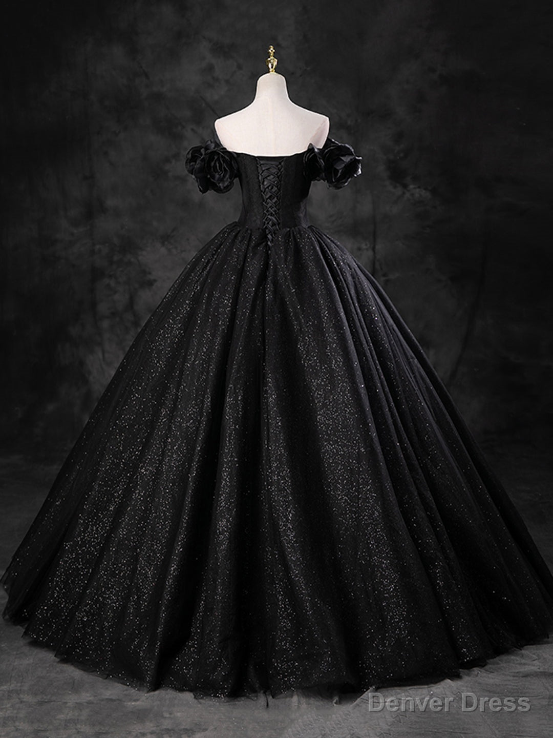 Black Sparkly Tulle Off the Shoulder Long Formal Dress, Elegant A-Line Black Evening Party Dress