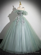 Cute Tulle Lace Long Prom Dress, A-Line Scoop Neckline Off Shoulder Evening Party Dress