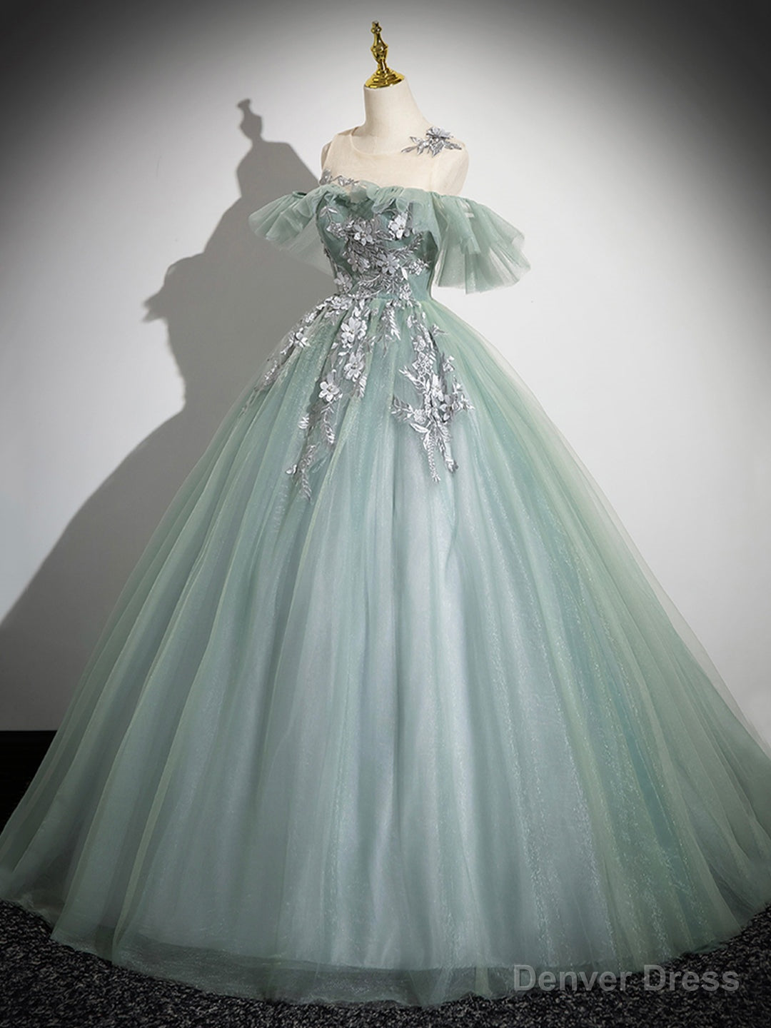 Cute Tulle Lace Long Prom Dress, A-Line Scoop Neckline Off Shoulder Evening Party Dress