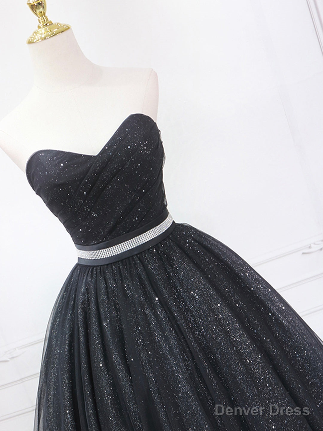 Black Shiny Tulle Tea Length Prom Dress, Black Strapless A-Line Party Dress Secondary image
