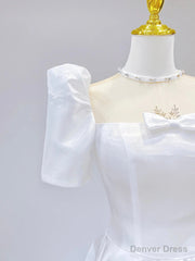 White Satin Short Sleeve Floor Length Prom Dress, White A-Line Party Dress