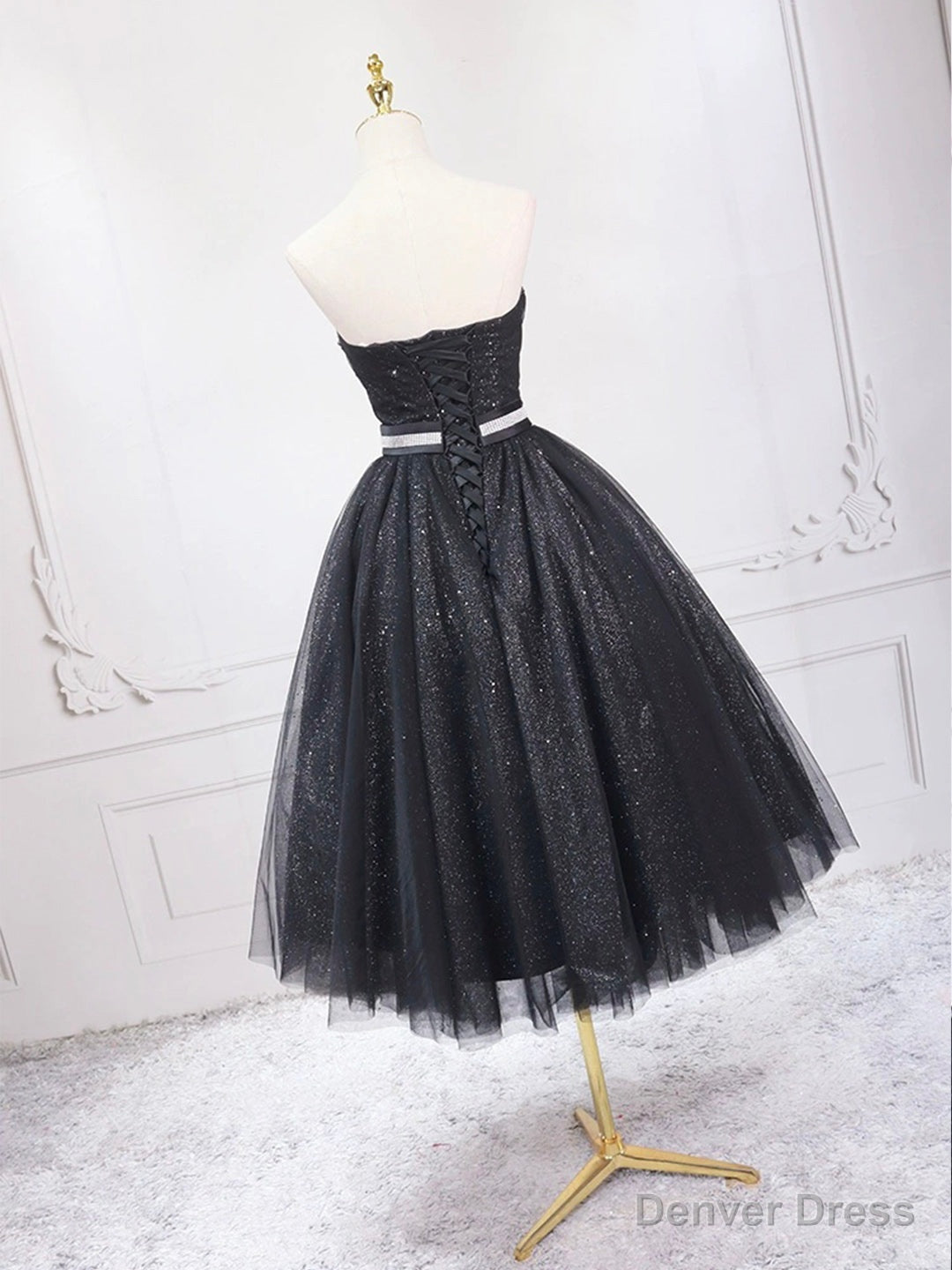 Black Strapless Tulle Knee Length Prom Dress, Black A-Line Sweetheart Party Dress