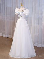 Elegant White Tulle Appliques Long Prom Dress, White High Neck A-Line Evening Dress