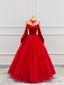 Red Velvet Tulle Floor Length Prom Dress, Beautiful Long Sleeve Evening Party Dress