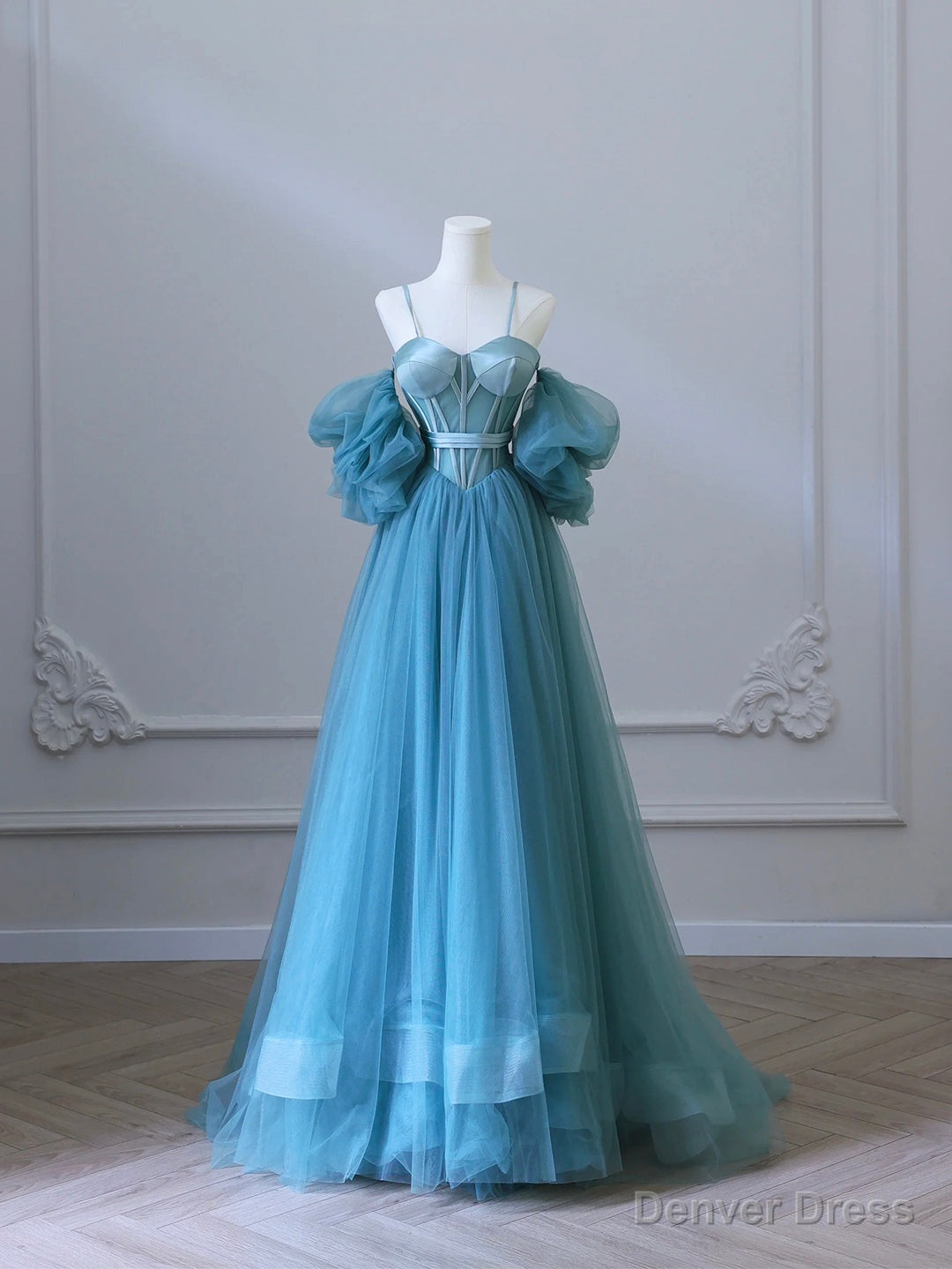 Fairy Blue Spaghetti Straps Corset Tulle Prom Dress, Detachable off Shoulder Prom Dresses