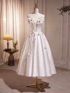 White Spaghetti Strap Satin Short Prom Dress, White V-Neck Evening Party Dress