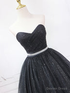 Black Strapless Tulle Knee Length Prom Dress, Black A-Line Sweetheart Party Dress