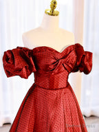 Burgundy Satin Polka Dot Tulle Prom Dress, Lovely Floor Length Short Sleeve Evening Dress