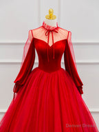 Red Velvet Tulle Floor Length Prom Dress, Beautiful Long Sleeve Evening Party Dress