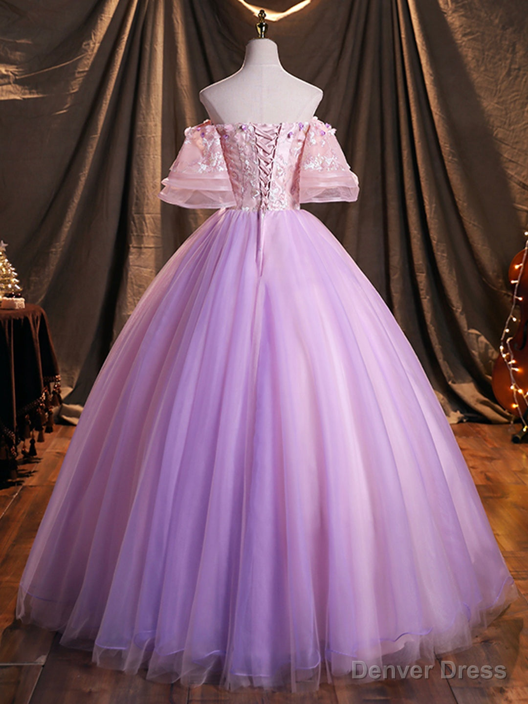 Purple Tulle Sequins Long Prom Dress, A-Line Off the Shoulder Evening Party Dress