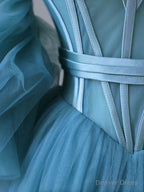 Fairy Blue Spaghetti Straps Corset Tulle Prom Dress, Detachable off Shoulder Party Dress